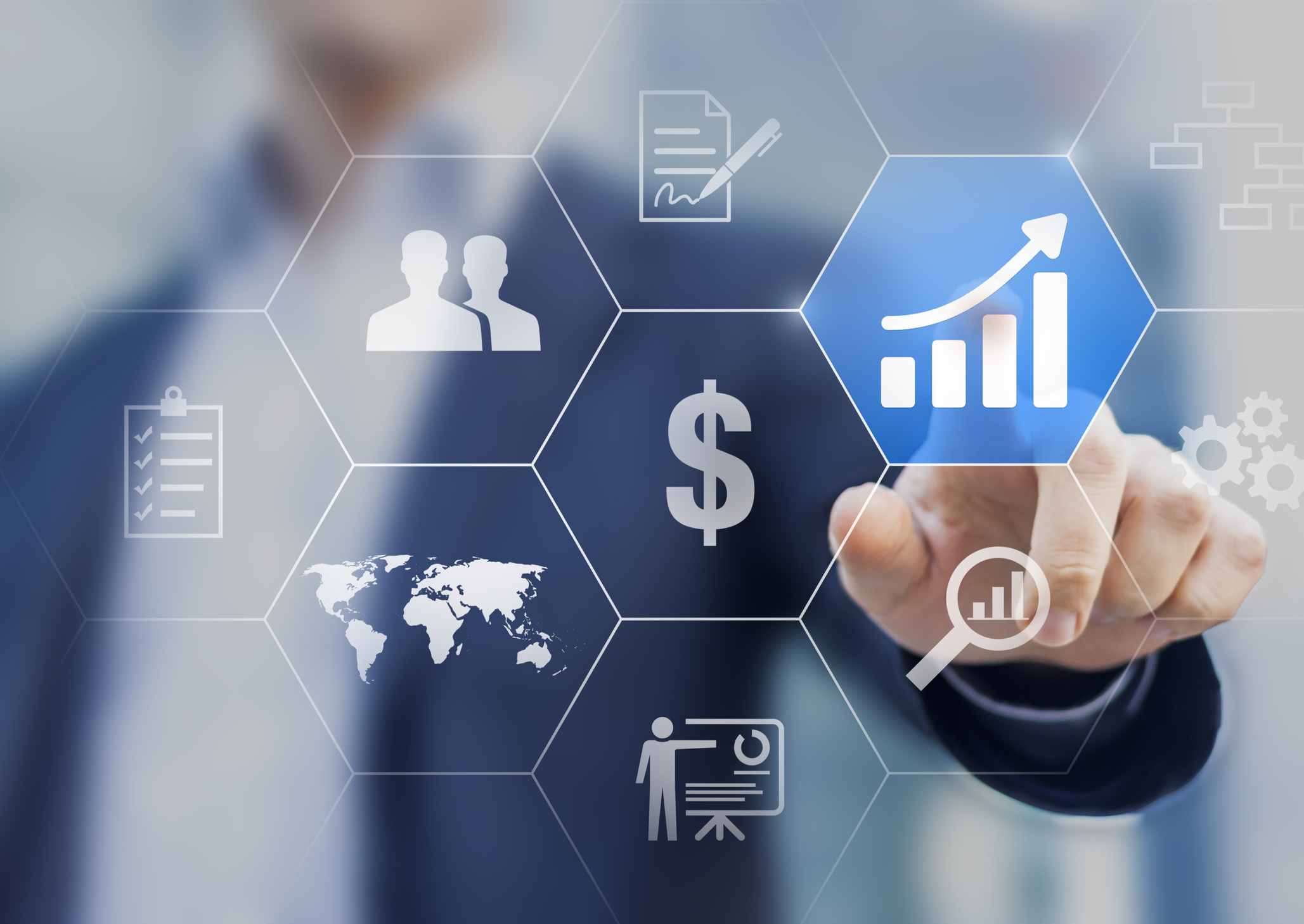Boost your business concept. Successful businessman choosing to increase profit Boost your business concept. Businessman touching buttons with solutions to increase profit and get success